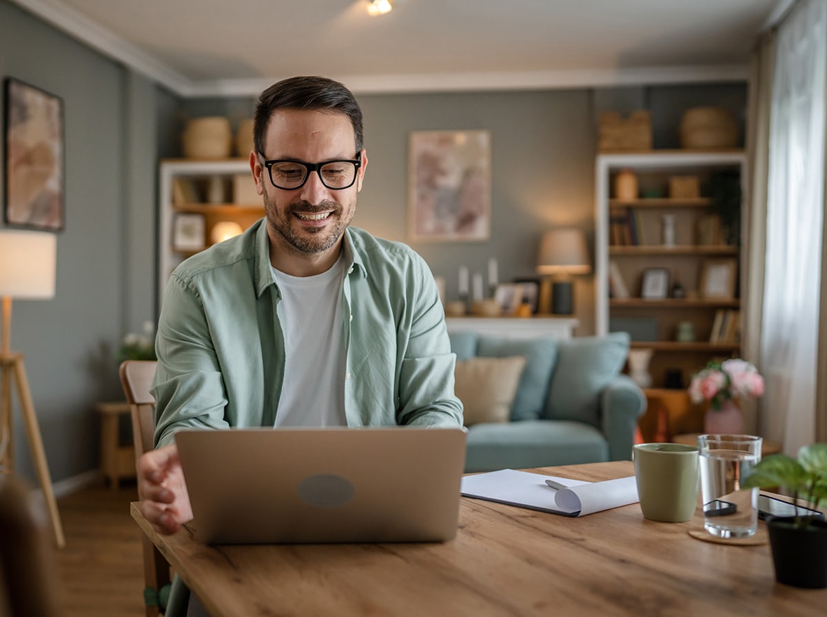 Man sitting at a desk at home looking at a laptop